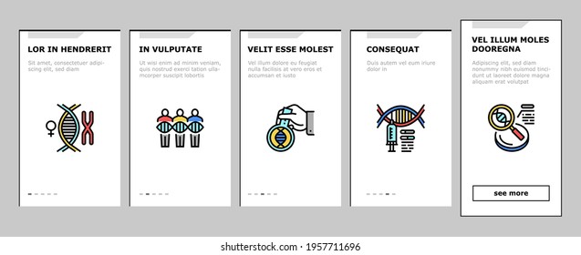 Genetic Engineering Onboarding Mobile App Page Screen Vector. Animal And Human, Fruit And Meat Gmo Food, Chemical Laboratory Research And Development Genetic Illustrations