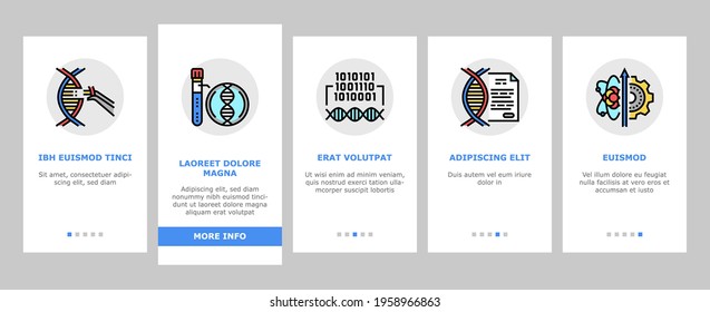 Genetic Engineering Onboarding Mobile App Page Screen Vector. Animal And Human, Fruit And Meat Gmo Food, Chemical Laboratory Research And Development Genetic Illustrations