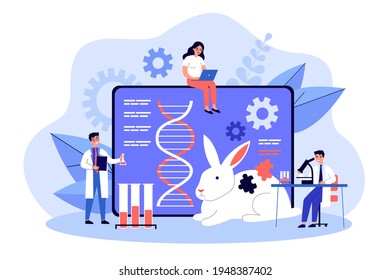Genetic Engineering Researcher Scientist Group. Man And Woman Researchers And Experiment With Animal Dna And Gen. Future Medicine, Biology, Zoology And Genetic. Flat Colorful Vector Illustration