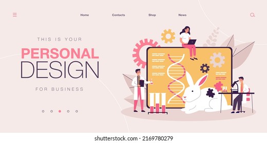 Genetic engineering researcher scientist group. Man and woman researchers and experiment with animal dna and gen. Future medicine, biology, zoology and genetic. Flat colorful vector illustration