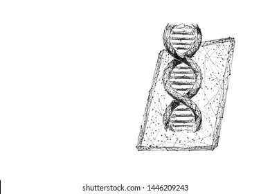 Genetic engineering science low poly wireframe illustration. 3D DNA spiral and tablet with connected dots. Polygonal medical technology information mesh art. Double helix molecule on screen
