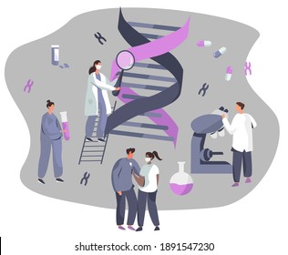 Genetic Engineering.DNA Test.Doctor holding Magnifier Glass and Analyzing DNA Structure Molecule in Lab.Studying Genes.Gene Modification and Genetic Scientists Editing.Flat Vector Illustration