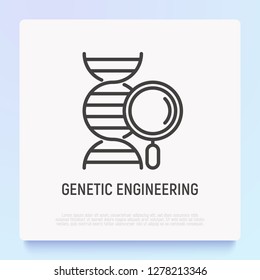 Genetic engineering thin line icon: DNA with magnifier. Modern vector illustration.