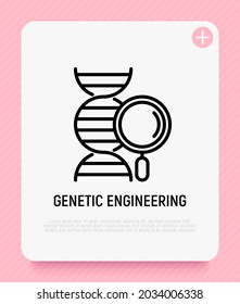 Genetic engineering thin line icon, DNA with magnifying glass. Modern vector illustration.