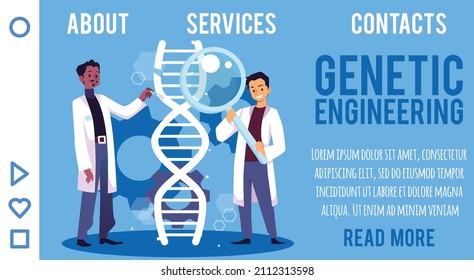 Ingeniería genética con dos científicos construyen hélice de ADN - plantilla de página de aterrizaje, ilustración vectorial plana. Banner web con doctores que investigan genes humanos. Concepto de bioingeniería.