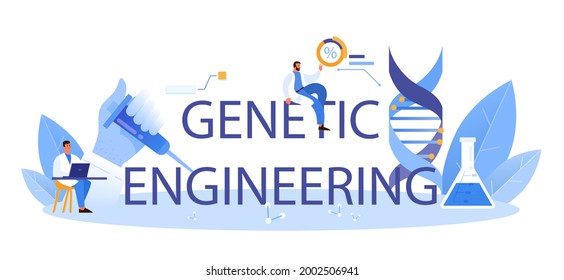 Genetic engineering typographic header. Medicine and science technology. Scientist work with DNA molecule structure. Genetic test analysis and genetic disease prevention. Flat vector illustration