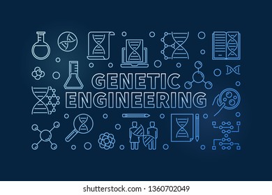 Genetic Engineering vector blue outline horizontal biotechnology illustration on dark background