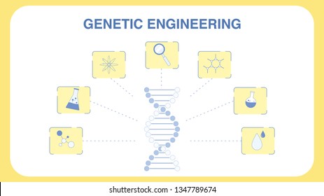 Genetic Engineering Vector Web Banner Template. DNA, Genetic Sign. Helix, Spiral. Molecules. Liquid in Flask. Lab Glassware. Magnifier. Drop of Water. Biology, Medical Researches Flat Poster