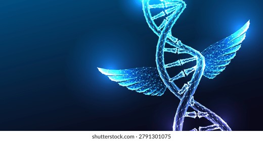 Genetic enhancement and human evolution concept with transcendence biology research. DNA helix with glowing wings, transhumanism, genetic ascension, human enhancement, evolutionary genetics vector