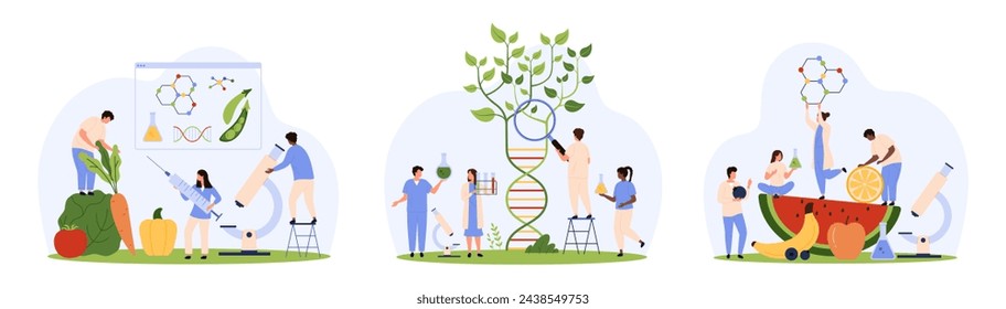 Investigación genética y de seguridad alimentaria, inspección de hortalizas y cuajado de frutas. Gente pequeña con lupa cultivan planta verde a partir de ADN, análisis del genoma en ilustración vectorial de dibujos animados de laboratorio