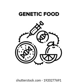 Genetic Food Vector Icon Concept. Molecular Genetic Food And Fruit, Gmo Syringe For Make Agricultural And Garden Food Dangerous For Health. Farm Agricultural Biotechnology Black Illustration