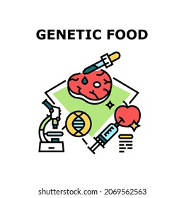 Genetic Food Vector Icon Concept. Apple And Meat Genetic Food, Genetically Modified Or Antibiotics In Fruit With Injected Syringe. Gmo Nutrition Researching In Laboratory Color Illustration
