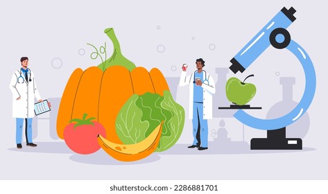 Genetic food vegetable fruit research engineering laboratory science gmo test concept. Vector graphic design illustration