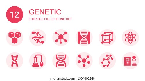 genetic icon set. Collection of 12 filled genetic icons included Molecule, Dna, Molecules, Science, Clone