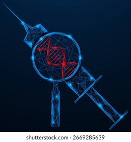 Injeção genética. Uma seringa dentro da qual uma espiral de DNA é visível com uma lupa. Design poligonal, fundo azul.