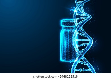 Genetic innovation, Medical advancement futuristic concept with DNA strand and vaccine ampoule in glowing low polygonal style on dark blue background. Modern abstract design vector illustration. 