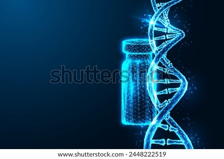 Genetic innovation, Medical advancement futuristic concept with DNA strand and vaccine ampoule in glowing low polygonal style on dark blue background. Modern abstract design vector illustration. 