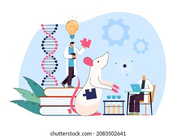 Genetic laboratory research and experiment of tiny scientists. People testing dna modifications, holding puzzle in hands flat vector illustration. Biotechnology, genetically modified animals concept