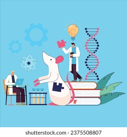 Genetic laboratory research and experiment of tiny scientists vector design illustration