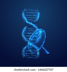 Genetic laboratory research low poly wireframe illustration. 3D DNA double helix molecule and magnifying glass with connected dots. Polygonal chromosome analyzing mesh art. Microbiological analysis