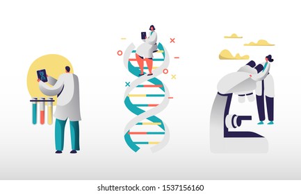 Genetic Laboratory Staff Using Internet and Smart Technologies for Work. Scientists Using Tablets and Electronic Microscope for Biological and Chemistry Research. Cartoon Flat Vector Illustration