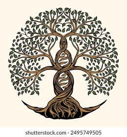 Genetic logo. vintage DNA leaf root tree medical and health.