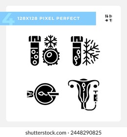 Genetic material freezing black glyph icons set on white space. Artificial insemination. Sperm, ovul cryopreservation. Silhouette symbols. Solid pictogram pack. Vector isolated illustration