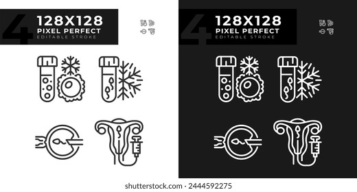 Genetic material freezing linear icons set for dark, light mode. Artificial insemination. Sperm, ovul cryopreservation. Thin line symbols for night, day theme. Isolated illustrations. Editable stroke