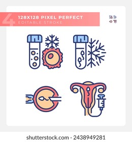 Genetic material freezing RGB color icons set. Artificial insemination. Sperm, ovul cryopreservation. Isolated vector illustrations. Simple filled line drawings collection. Editable stroke