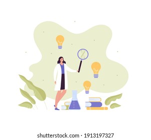 Genetic Medical Discovery Concept. Vector Flat Character Illustration. Dna Helix Biotechnology And Idea Lightbulb Symbol. Female Doctor With Magnifier Glass. Woman Scientist And Lab Equipment And Book