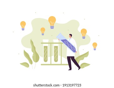 Genetic Medical Discovery Concept. Vector Flat Character Illustration. Dna Helix Biotechnology And Idea Lightbulb Symbol. Male Doctor With Laboratory Equipment. Man Scientist Holding Test Tube.