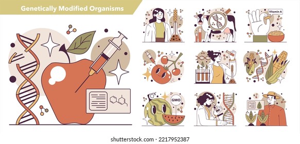 Genetic modificated organism or GMO set. Biotechnology, food improvement with DNA structure changes. Selective breeding experiment. Flat vector illustration