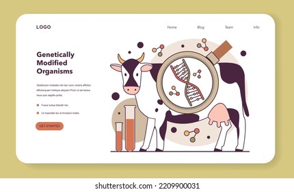 Genetic modificated organism or GMO web banner or landing page. Biotechnology, food improvement with DNA structure changes. Selective breeding experiment. Flat vector illustration