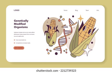 Genetic modificated organism or GMO web banner or landing page. Biotechnology, food improvement with DNA structure changes. Selective breeding experiment. Flat vector illustration