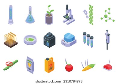 Genetic modification in agriculture icons set isometric vector. Food corn. Health farm