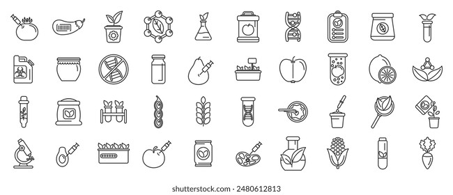 genetic modification in agriculture icons set. Scientists modifying food genetically in laboratory using scientific equipment and chemicals