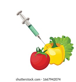 Genetic modification concept with tomato and pepper receiving an injection. Vegetables GMO with syringes on the white background.