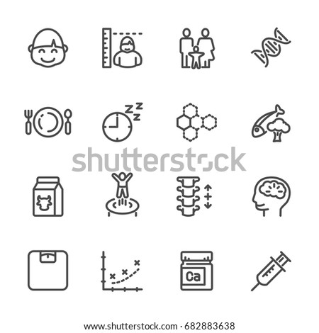 Genetic, nutrition, exercise, lifestyle factors affecting kid's height and bone growth. Vector line icons.