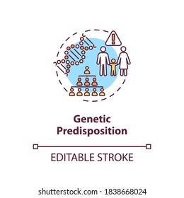 Konzeptsymbol für genetische Prädisposition DNA-Mutation. Faktoren menschlicher Krankheiten. Genetische Empfindlichkeit Idee dünne Linie Illustration. Vektorgrafik einzeln Umriss RGB Farbzeichnung. Bearbeitbarer Hub