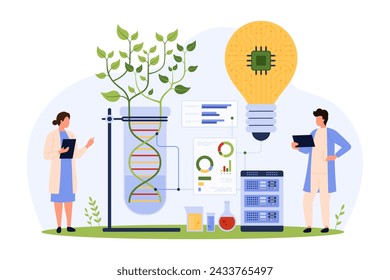 Genetic research and biotechnology for agriculture. Tiny people growing green plant from DNA of cell in lab experiment, geneticists work with digital project and light bulb cartoon vector illustration