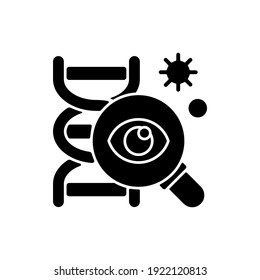 Genetic research black glyph icon. Scientific study. DNA data analysis. Learn genome formula. Clinical laboratory experiment. Silhouette symbol on white space. Vector isolated illustration