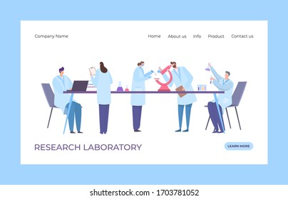 Genetic research clinic laboratory landing concept vector illustration. DNA laboratory web page. Man and woman in medical coat conducting experiments, chemical reactions at common table.