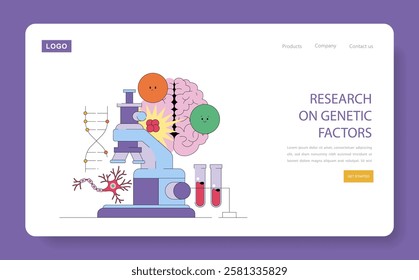 Genetic Research concept. An illustration depicting a brain, DNA strand, microscope, and test tubes for scientific exploration. Study of hereditary influences on mental health. Vector illustration.