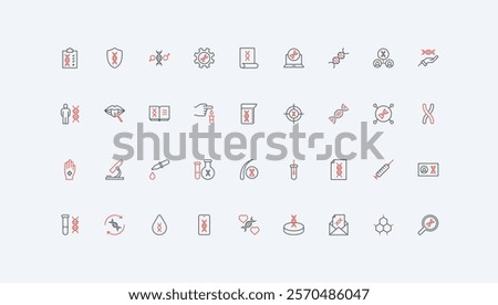 Genetic research, DNA test analysis in laboratory, diagnosis line icon set. Nucleic acids and gene, chromosomes, hair, saliva and blood sample thin black and red outline symbols vector illustration