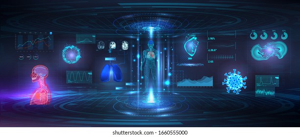 Genetic Research, Healthcare Examination And Human Scanning In HUD Style. UI For Medical App, Futuristic Medical GUI, HUD Interface Hologram - Human Heart, Body, Lungs, MRI Of The Brain And Bacteria