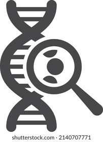 Genetic research icon. Dna molecule with magnifying glass