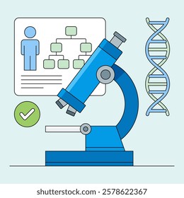 Genetic Research Illustration: A vibrant and modern illustration depicting a microscope, a DNA double helix, a pedigree chart, and a checkmark symbol.