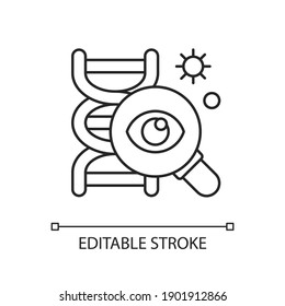 Genetic research linear icon. Scientific study. DNA data analysis. Clinical laboratory experiment. Thin line customizable illustration. Contour symbol. Vector isolated outline drawing. Editable stroke