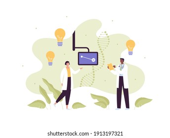 Genetic Research And Medical Discovery Concept. Vector Flat Illustration. Dna Helix Biotechnology And Idea Light Bulb Symbol. Female Asian Scientist And African Male Doctor Team. Laboratory Teamwork.