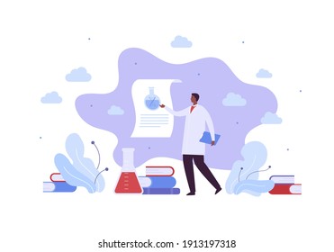 Genetic Research And Medical Study Concept. Vector Flat Character Illustration. Dna Helix Biotechnology Symbol. Male African American Doctor Make Report. Laboratory Equiplment, Book And Lab Tube.